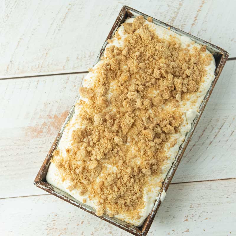 full loaf pan of peach crumble ice cream