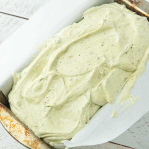 pistachio ice cream in loaf pan before freezing