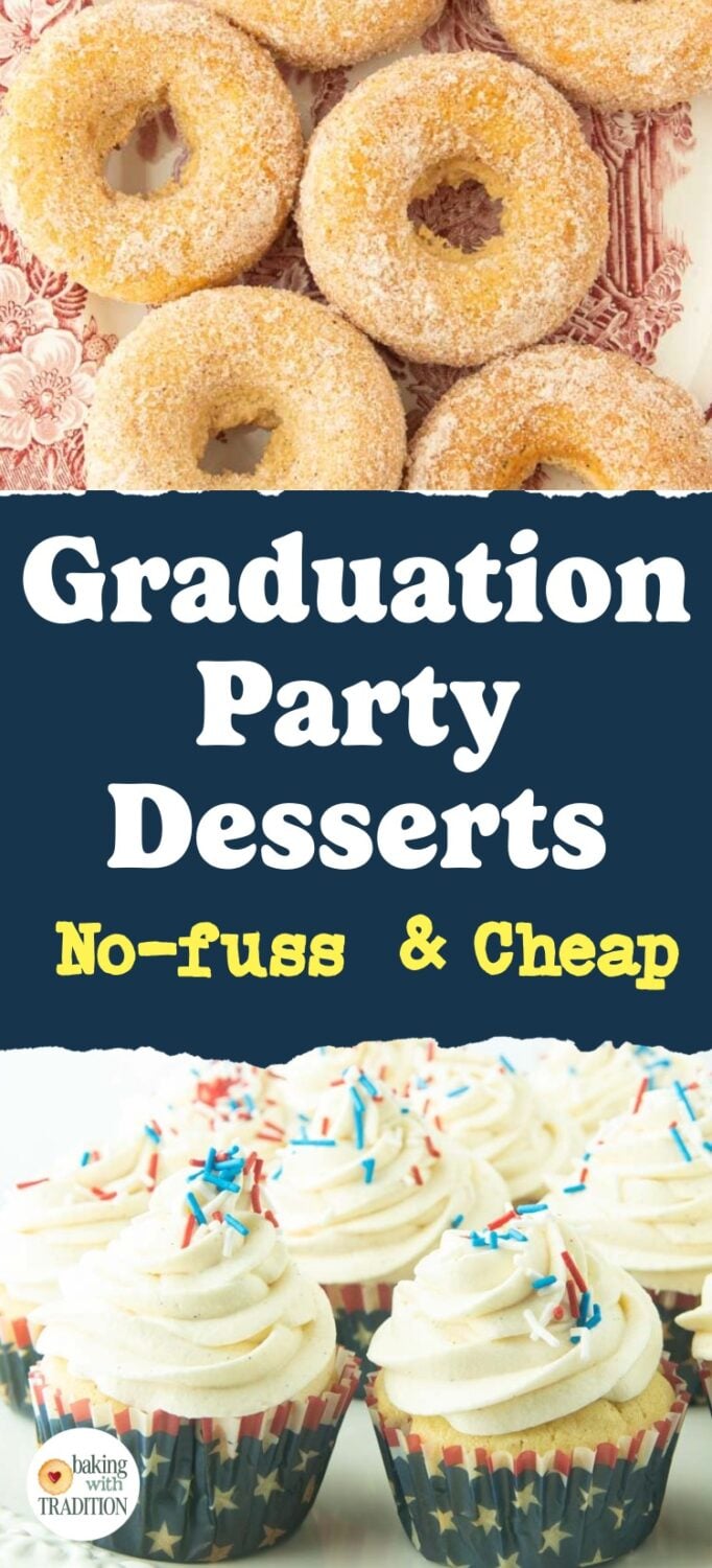 text overlay, cinnamon sugar donuts on plate, vanilla cupcakes with sprinkles in patriotic wrappers
