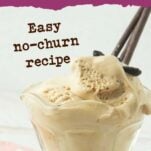 coffee ice cream in glass dish topped with coffee beans and chocolate Pocky sticks, text overlay