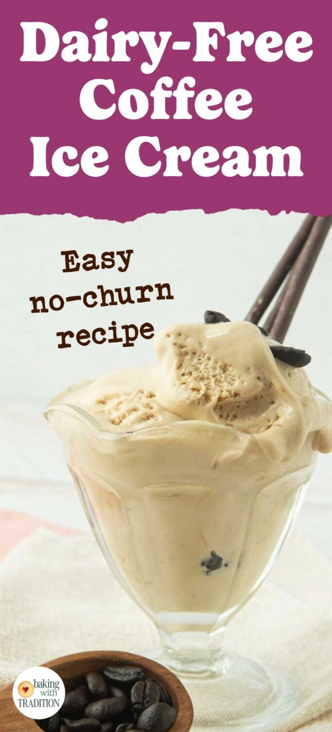 coffee ice cream in glass dish topped with coffee beans and chocolate Pocky sticks, text overlay