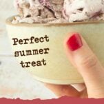 hand holding mug of cherry ice cream, text overlay
