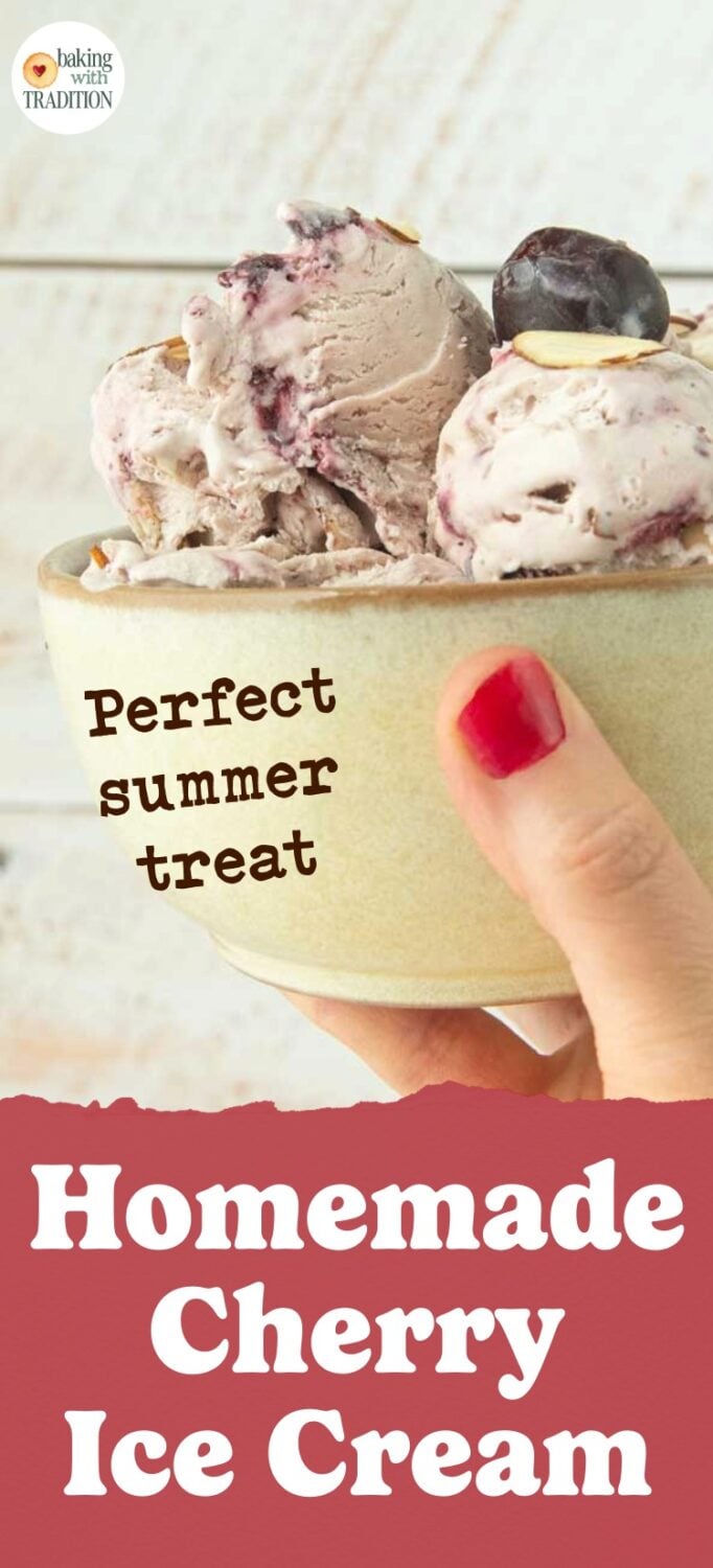 hand holding mug of cherry ice cream, text overlay