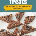 chocolate rice krispie treats cut in triangles, text overlay