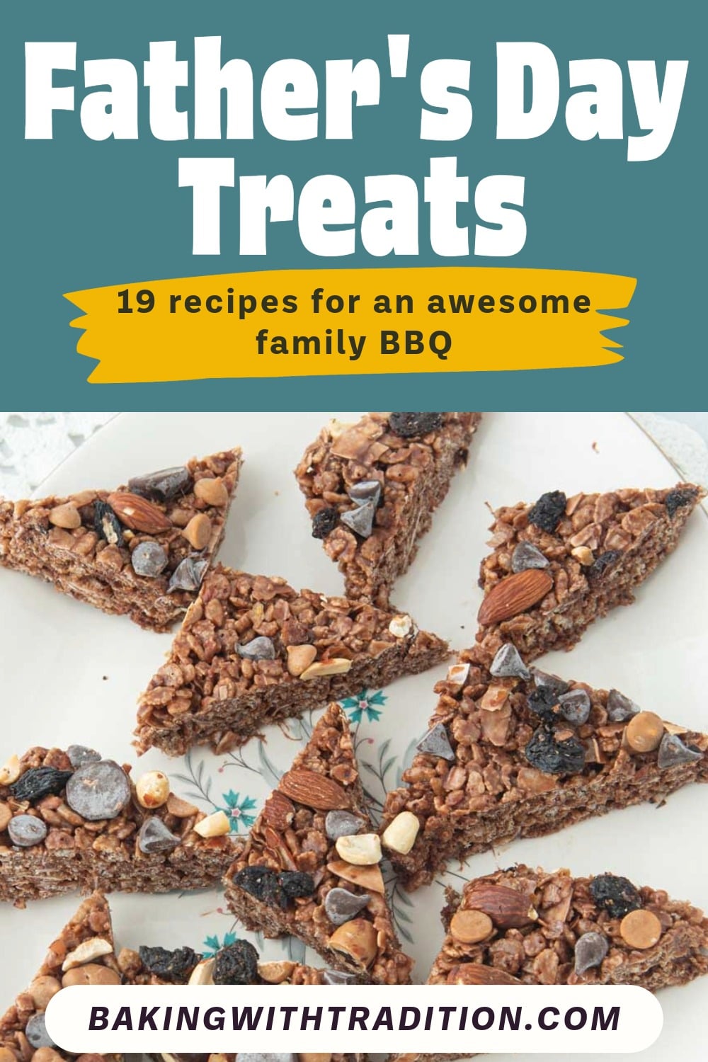 chocolate rice krispie treats cut in triangles, text overlay
