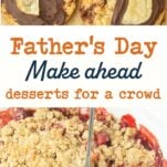 potato chip cookies on paper, spoon in dish of strawberry crisp, revealing fruity filling, text overlay