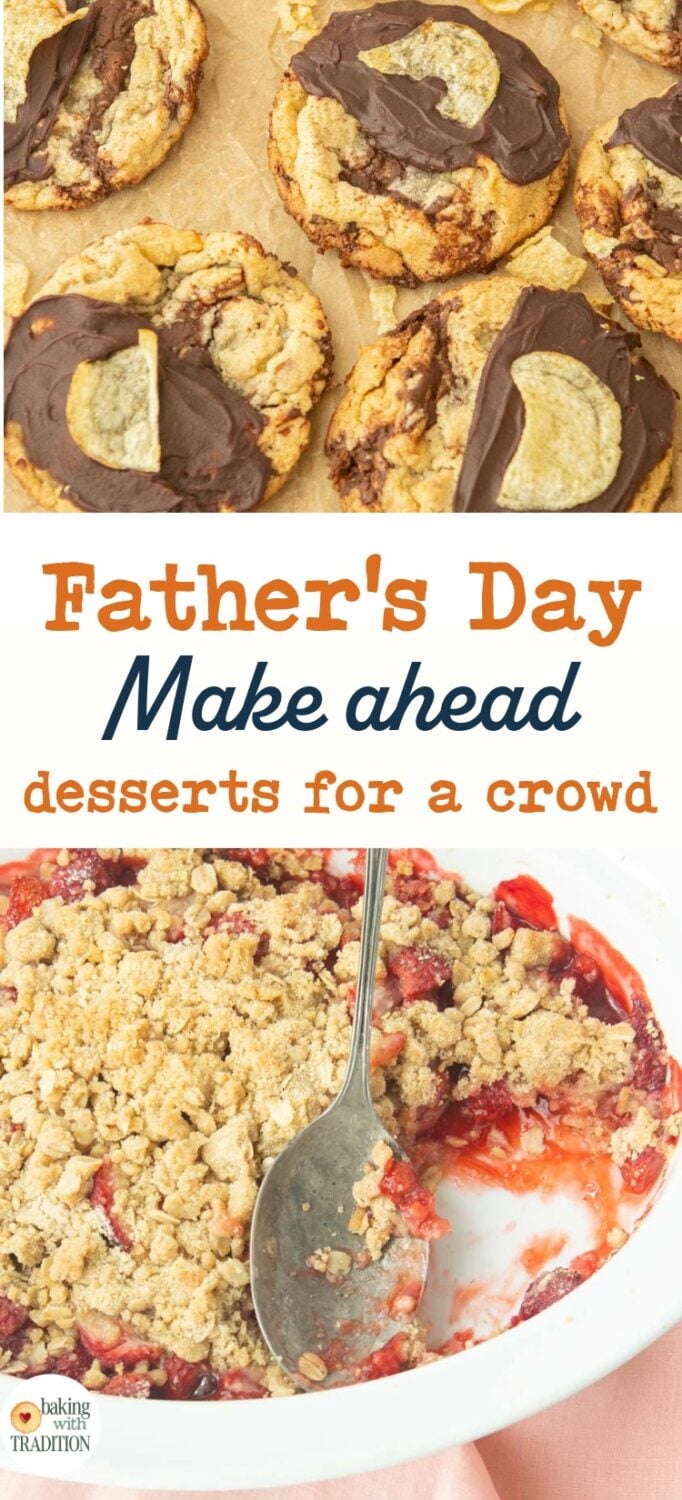 potato chip cookies on paper, spoon in dish of strawberry crisp, revealing fruity filling, text overlay