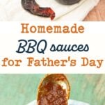hot honey in jar next to guajillo chile, keto bbq sauce in jar with spoon, text overlay