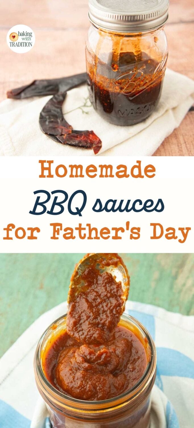 hot honey in jar next to guajillo chile, keto bbq sauce in jar with spoon, text overlay