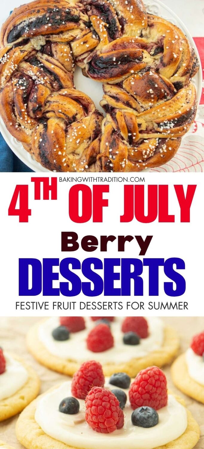 raspberry almond blueberry wreath, fruit pizza cookies, text overlay