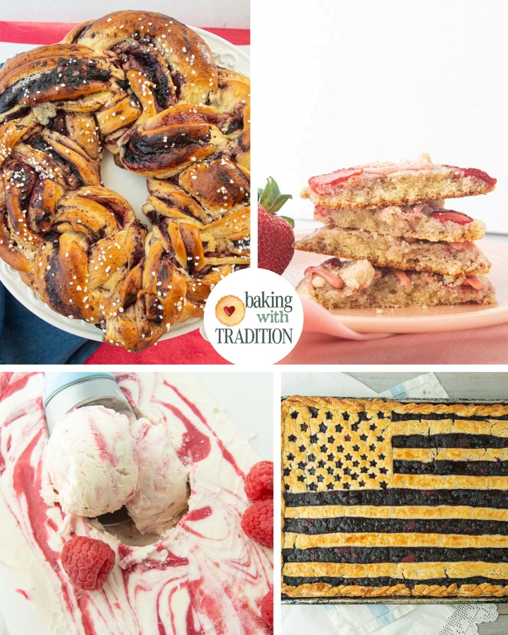 raspberry blueberry almond wreath bread, stack of strawberry crumb cake cookies, raspberry swirl ice cream, flag berry slab pie