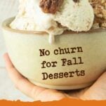 hand holding cup of candied pecan ice cream with whole candied pecans, text overlay
