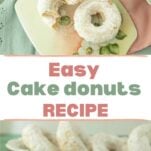 pieces of powdered sugar donut stacked next to whole donut on ceramic floral board on op of pink napkin and sage eyelet napkin, pieces of powdered sugar donut on plate next to bowl of donuts and closeup of whole donut, text overlay