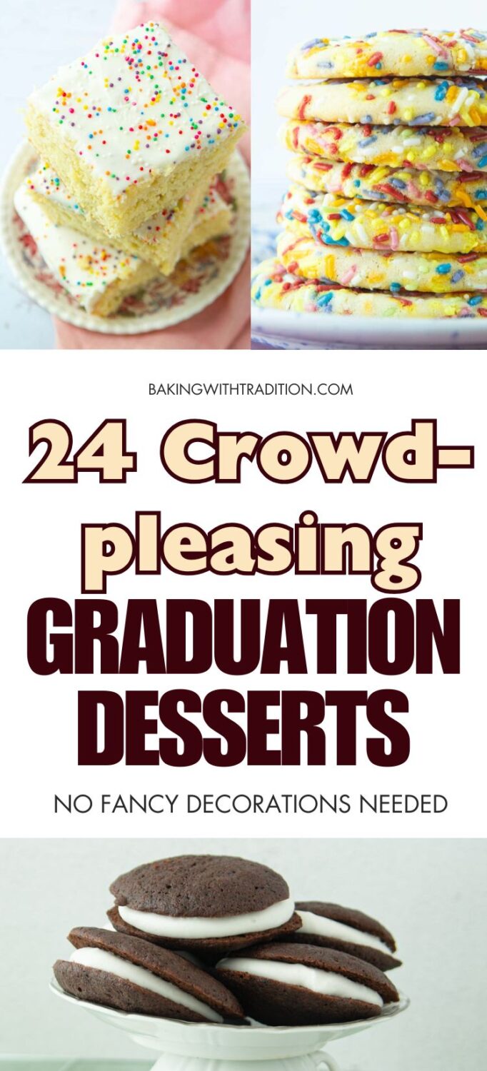 slices of vanilla cake stacked, stack of confetti sugar cookies, soft chocolate cookies stuffed with whipped cream, text overlay