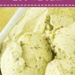 closeup of pistachio ice cream, text overlay