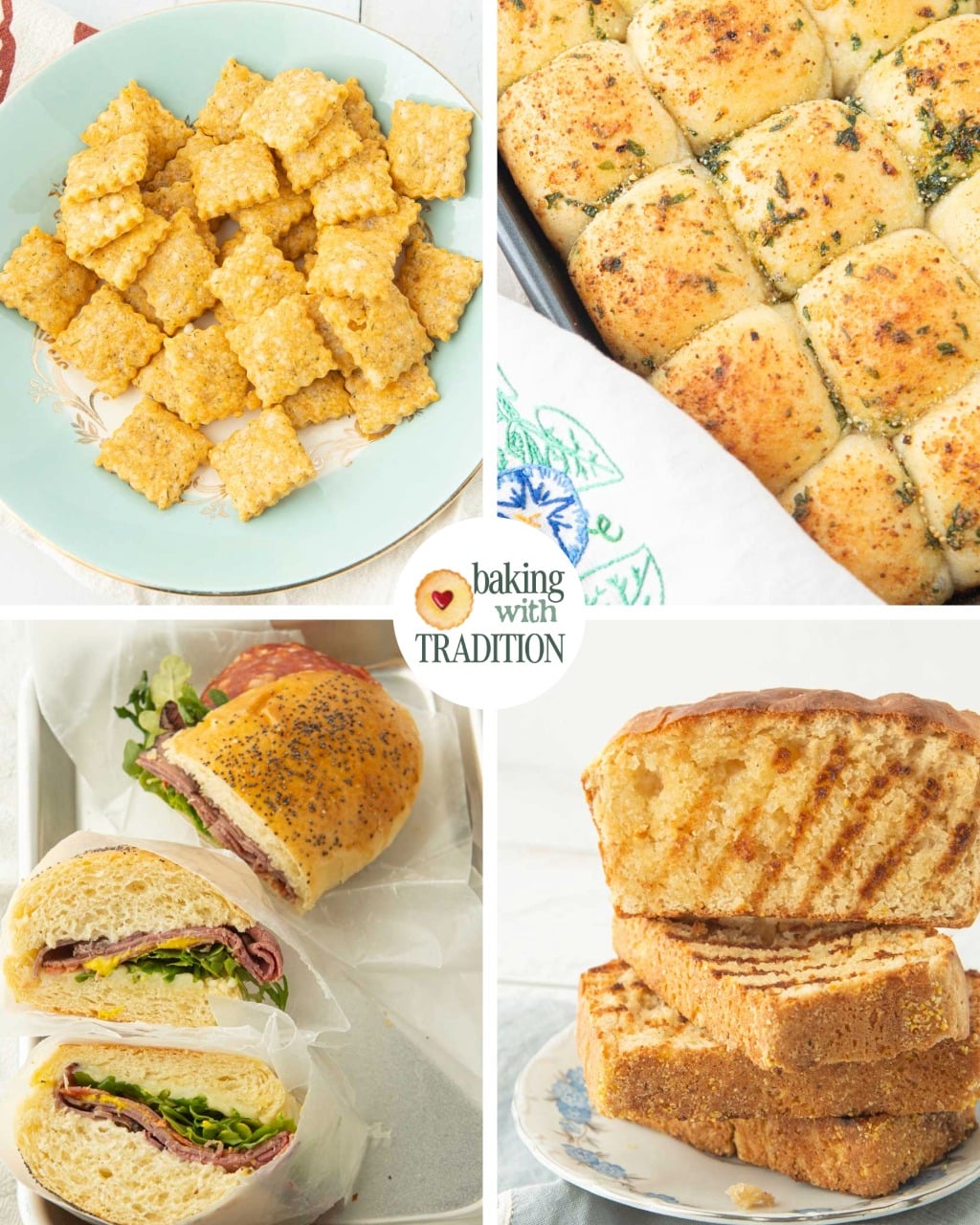 cheese crackers, garlic bread rolls, hoagie buns cut into deli sandwiches, homemade grilled texas toast