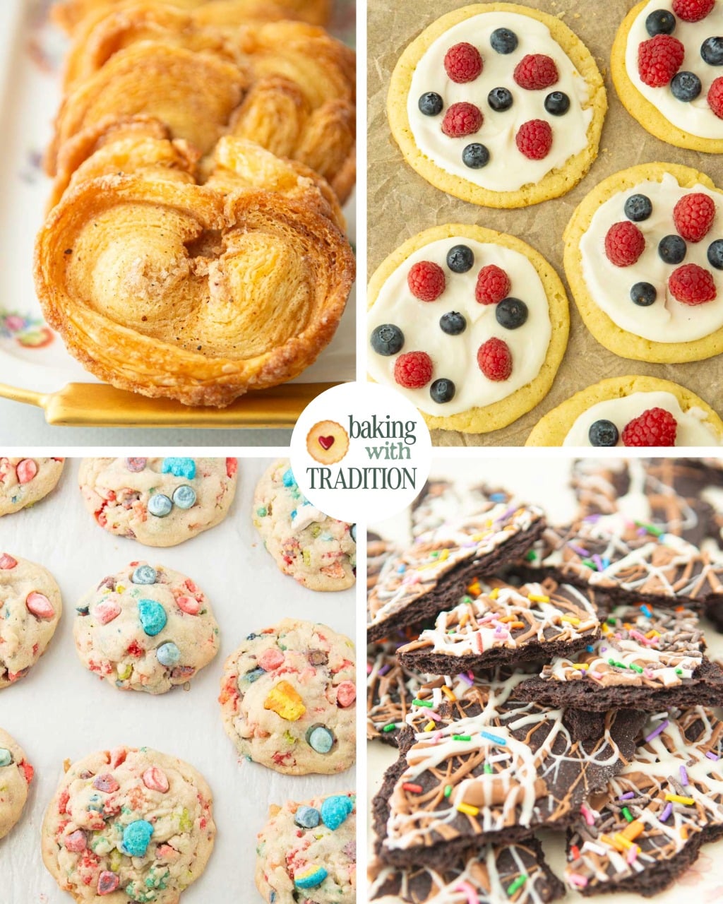 palmiers, fruit pizza cookies, lucky charms cookies, chocolate cookie bark pieces