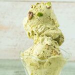 glass dish of pistachio ice cream, text overlay