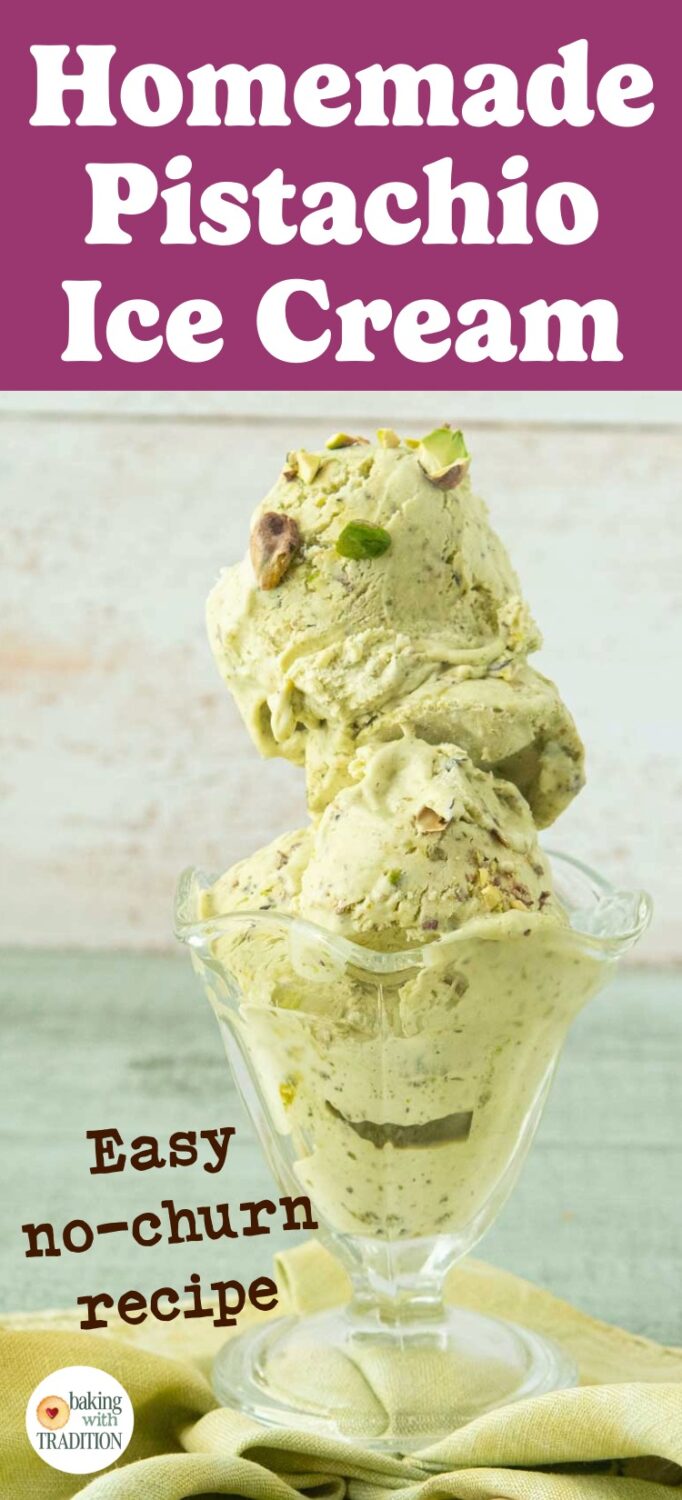 glass dish of pistachio ice cream, text overlay