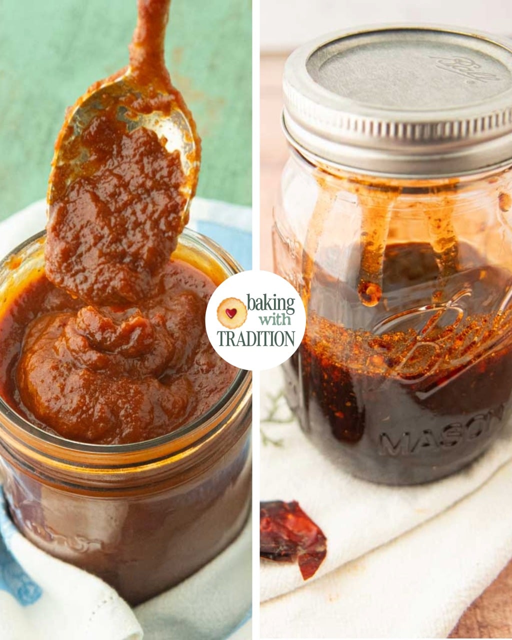 hot honey in jar next to guajillo chile, keto bbq sauce in jar with spoon