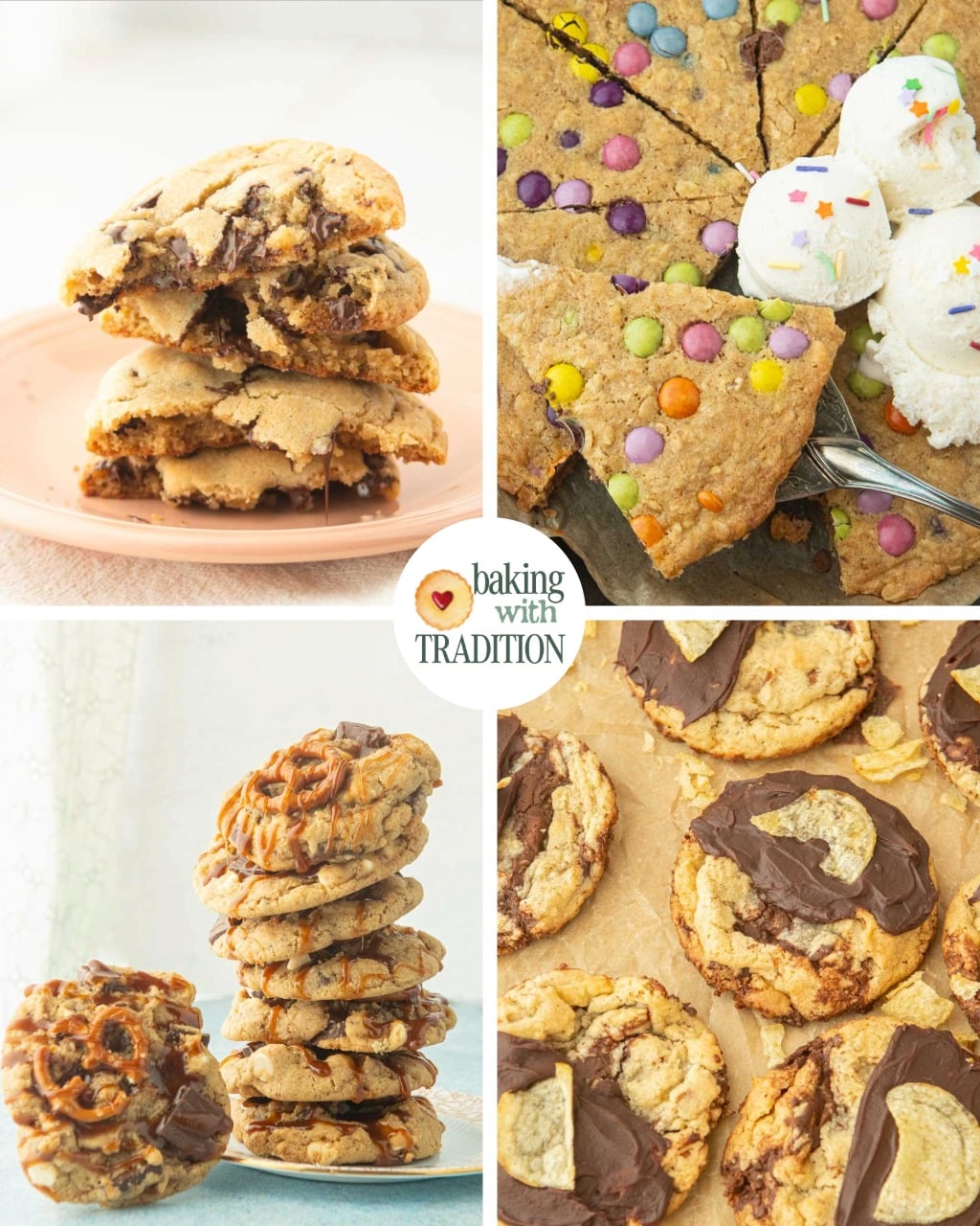 stack of chocolate chip cookies, stack of pretzel cookies, potato chip cookies on paper, closeup of oatmeal skillet cookie