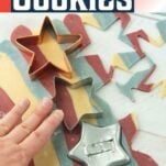 hand cutting out stars with cookie cutters from red white and blue dough, text overlay