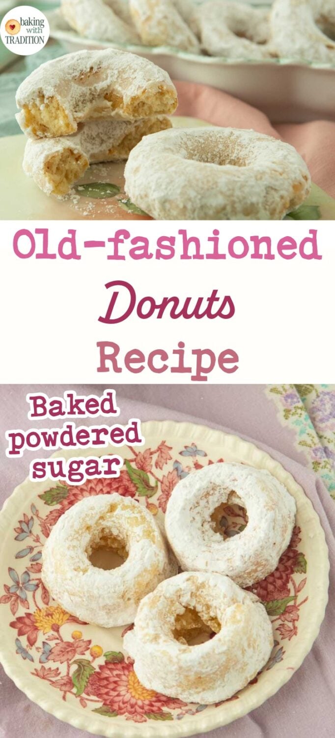powdered sugar cake donuts on plate next to card and bowl of donuts out of frame, pieces of powdered sugar donut on plate next to bowl of donuts and closeup of whole donut, text overlay
