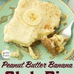 closeup of banana pudding pie on plate with fork, text overlay