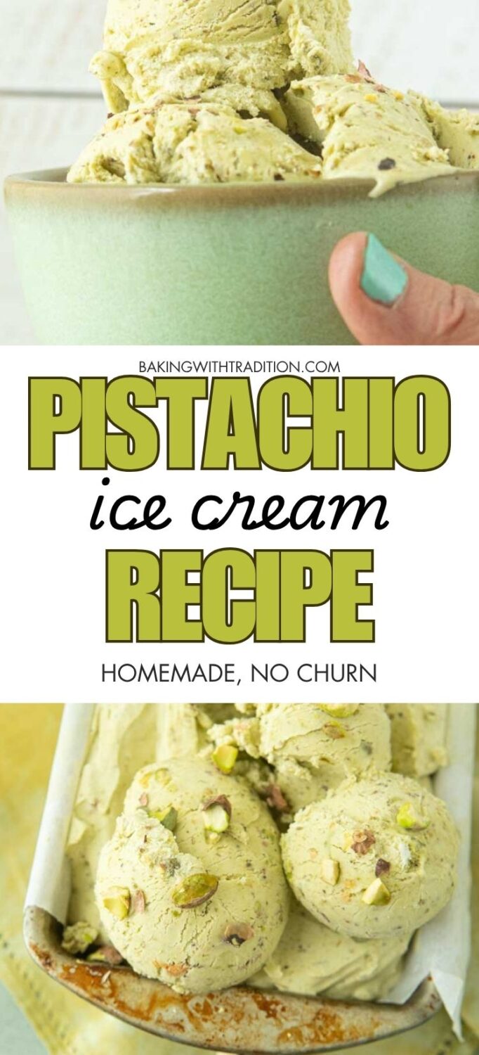 hand holding mug of pistachio ice cream, closeup of pistachio ice cream in loaf pan with chopped pistachios, text overlay