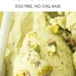 closeup of pistachio ice cream in loaf pan with chopped pistachios, text overlay