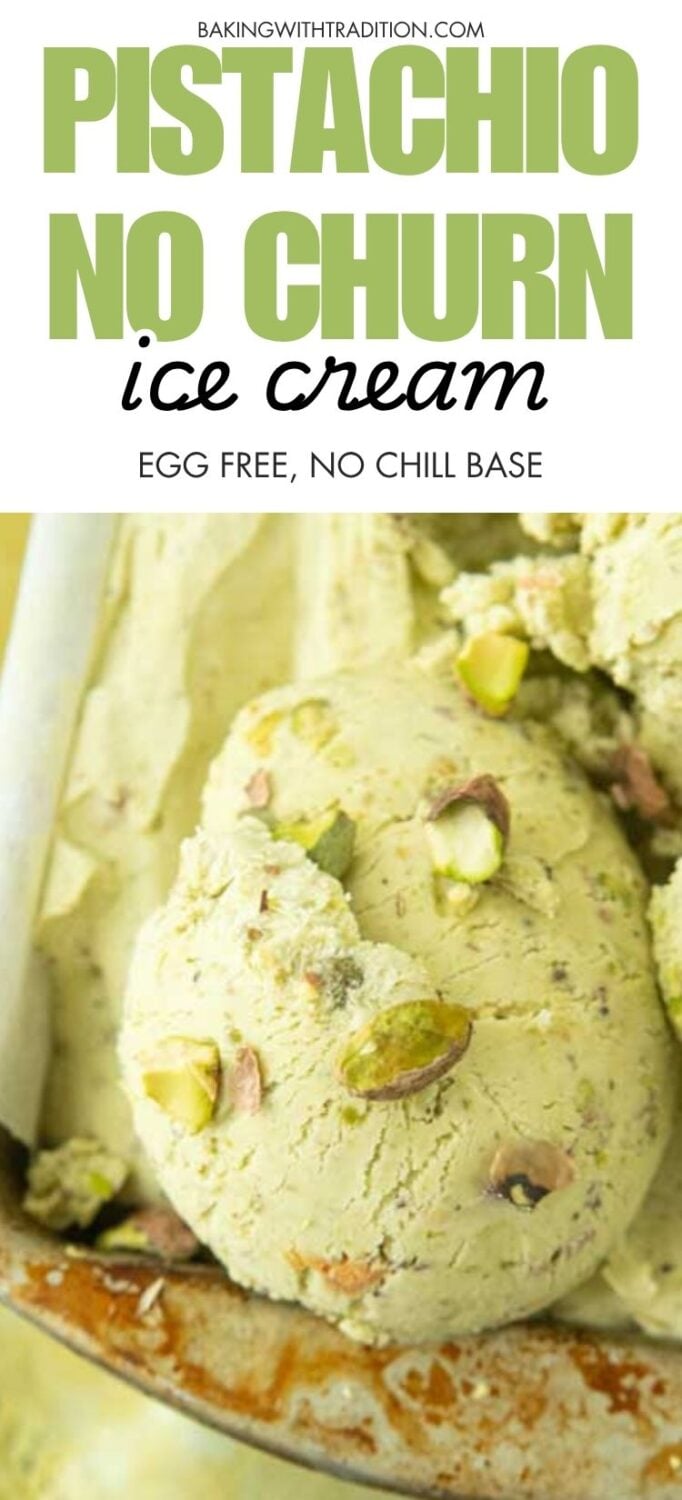 closeup of pistachio ice cream in loaf pan with chopped pistachios, text overlay
