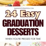palmiers, fruit pizza cookies, stack of pieces of vanilla sheet cake, chocolate cookie bark pieces, text overlay