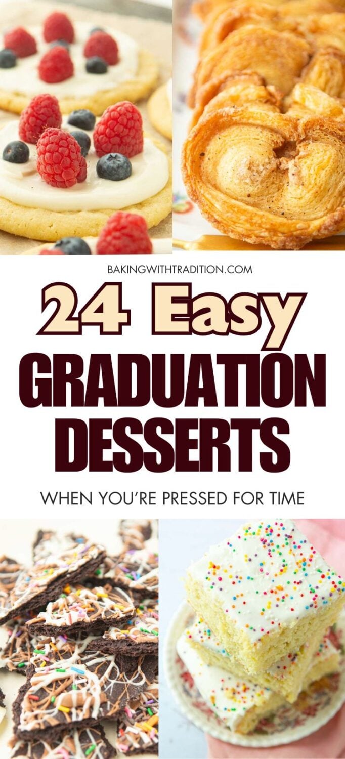 palmiers, fruit pizza cookies, stack of pieces of vanilla sheet cake, chocolate cookie bark pieces, text overlay