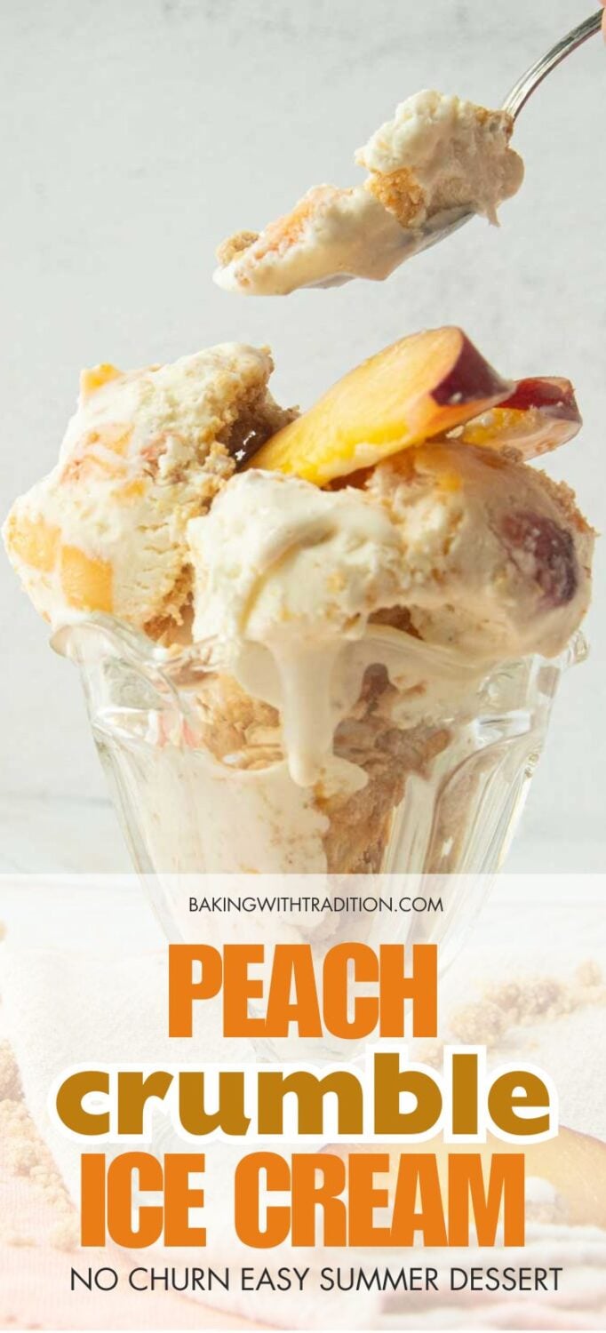 peach ice cream in glass dish with peach slices on op of white and peach napkins with hand showing digging into ice cream, text overlay