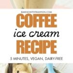 closeup of coffee ice cream in glass cup, coffee ice cream in beige cup with chocolate Pocky sticks, ice cream scoop in loaf pan of coffee ice cream, text overlay