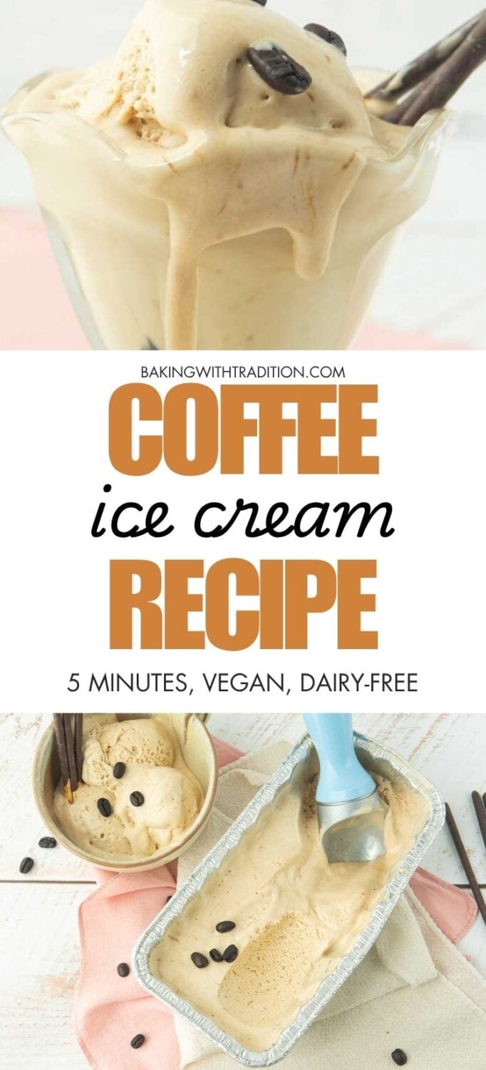 closeup of coffee ice cream in glass cup, coffee ice cream in beige cup with chocolate Pocky sticks, ice cream scoop in loaf pan of coffee ice cream, text overlay