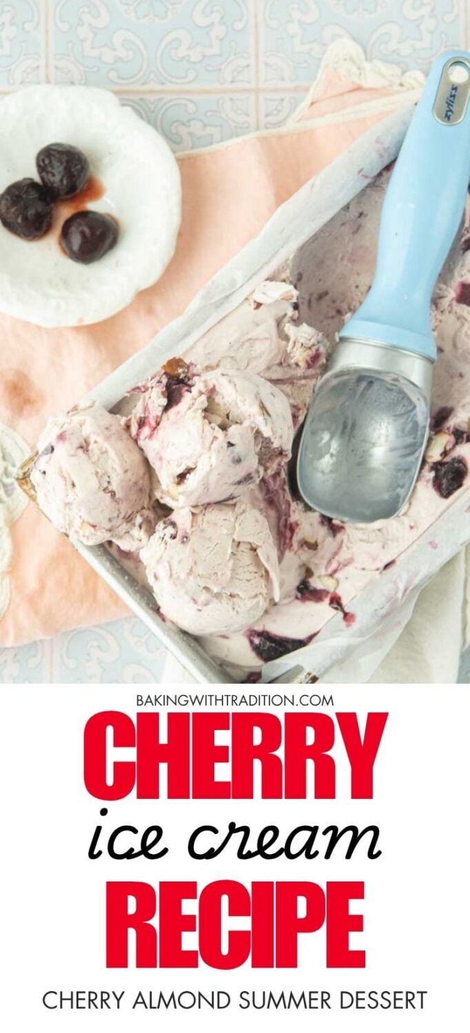 scoops of cherry ice cream in loaf pan, bowl of cherries, pink towel, ice cream scoop, text overlay