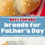 closeup of homemade burger bun, slices of grilled texas toast in dish, text overlay
