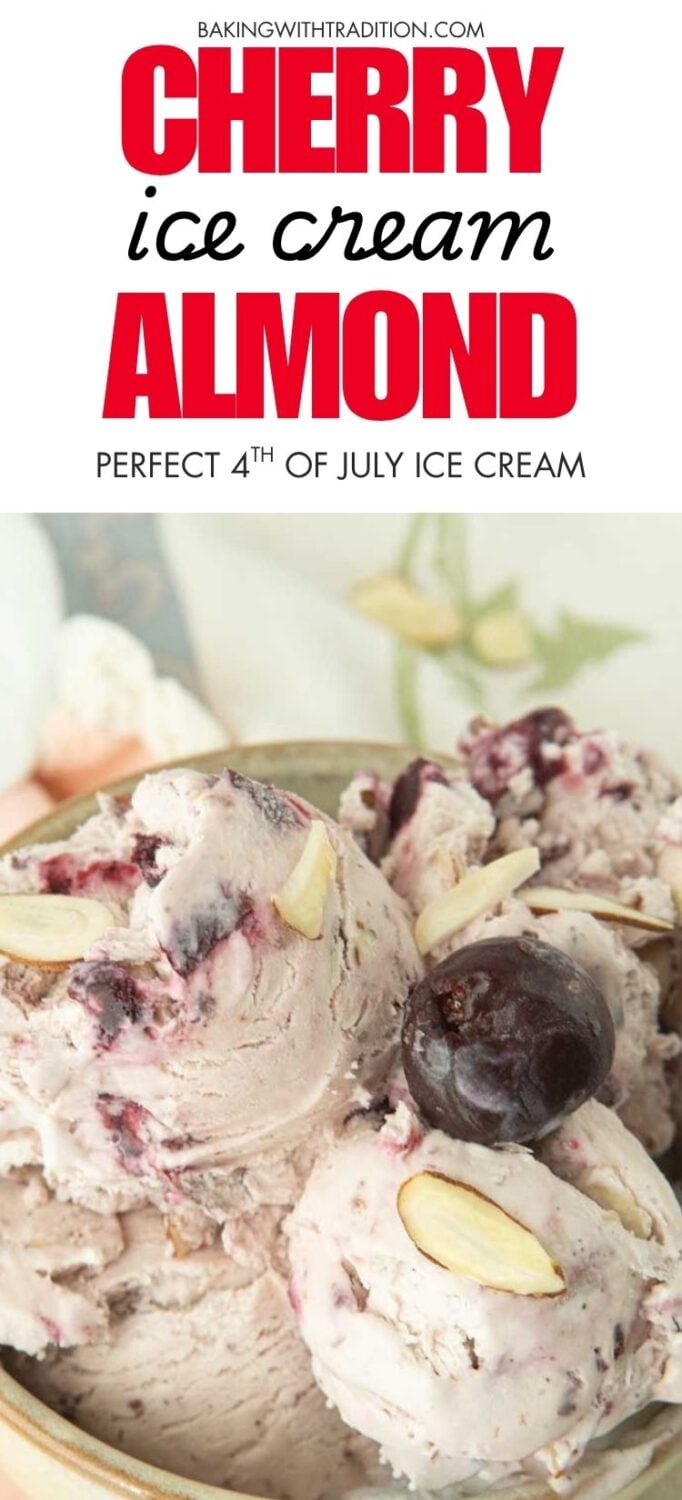 closeup of cheery ice cream in bowl with cherry on top, text overlay