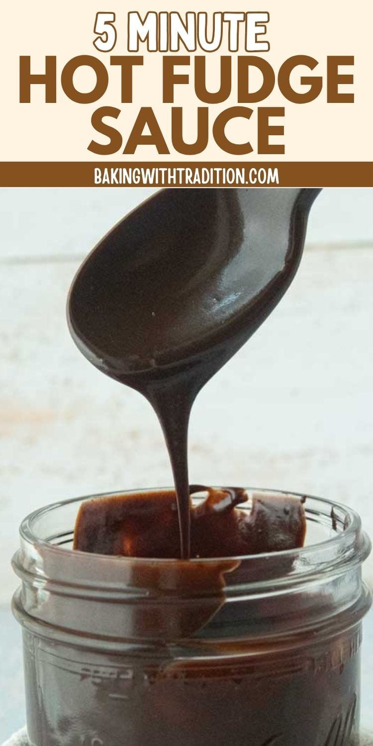 fudge sauce dripping into jar from spoon, text overlay