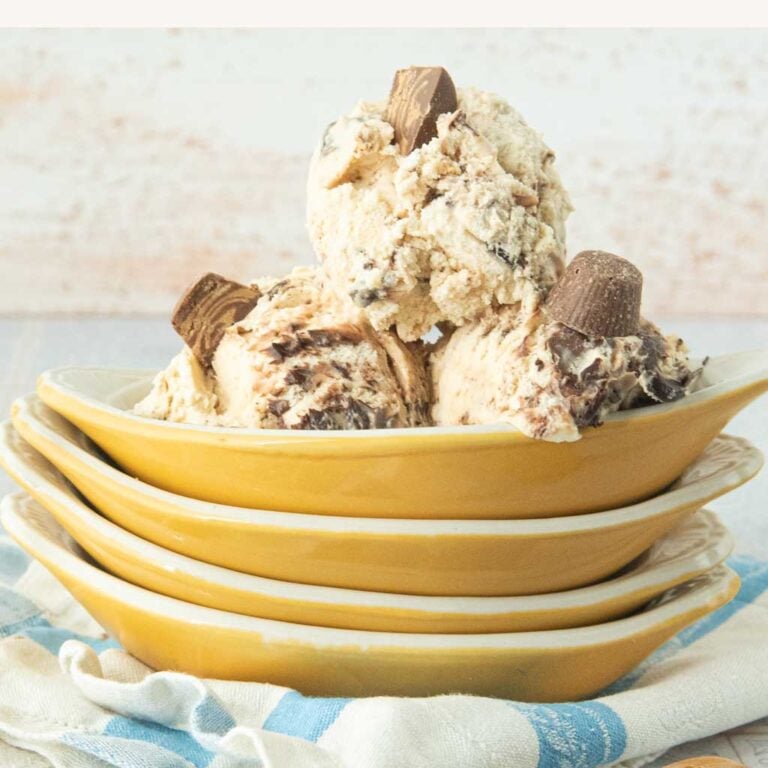 scoops of peanut butter cup ice cream in dishes