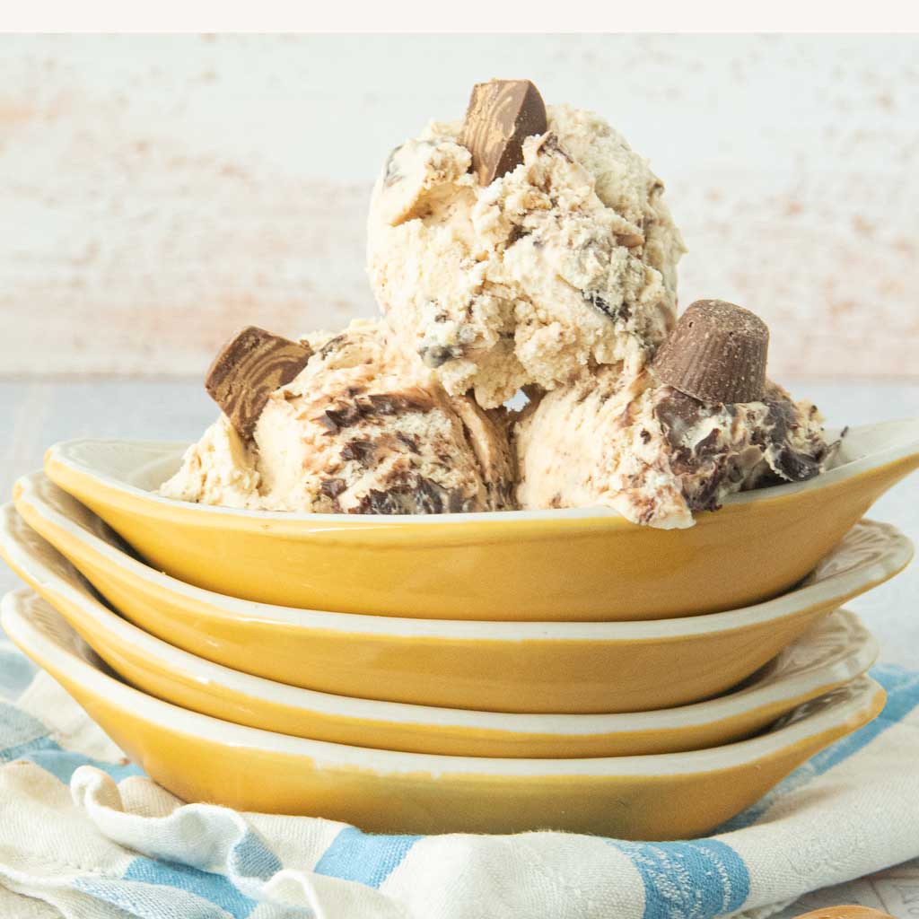 scoops of peanut butter cup ice cream in dishes