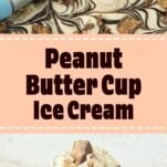 scoops of peanut butter ice cream topped with peanut butter cups, closeup of homemade moose tracks ice cream in loaf pan with scoop, text overlay