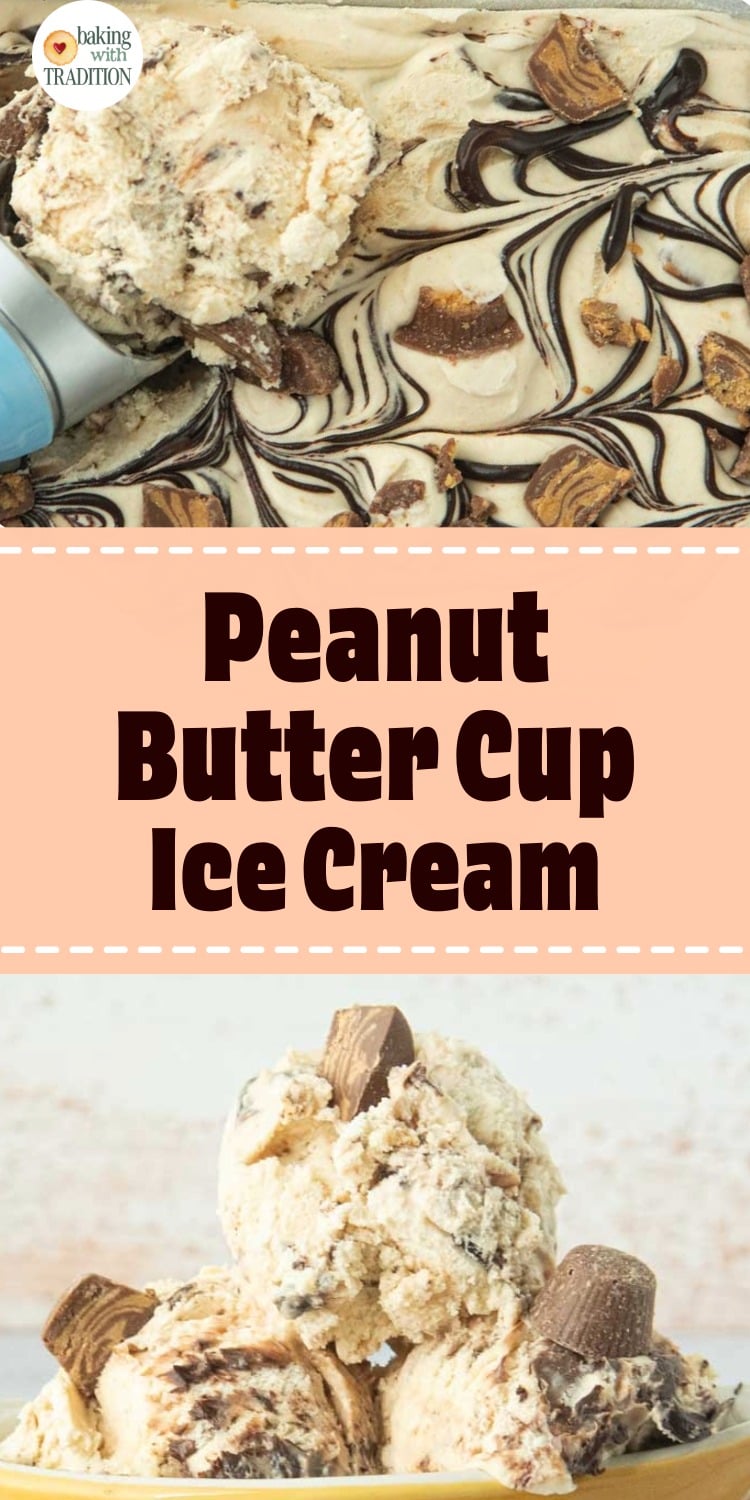 scoops of peanut butter ice cream topped with peanut butter cups, closeup of homemade moose tracks ice cream in loaf pan with scoop, text overlay