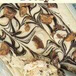 closeup of homemade moose tracks ice cream in loaf pan with scoop, text overlay