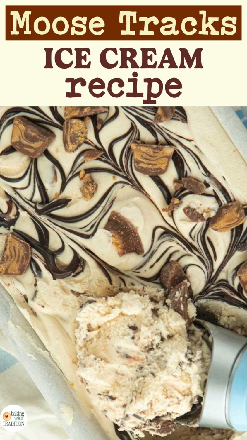 closeup of homemade moose tracks ice cream in loaf pan with scoop, text overlay