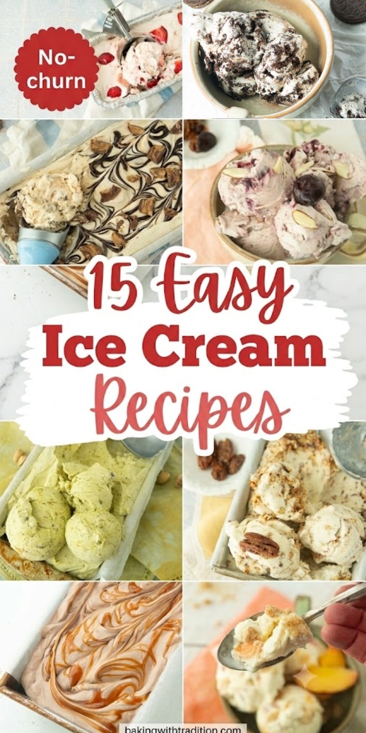 strawberry cheesecake ice cream, cookies and cream ice cream, peanut butter fudge ice cream, cherry almond ice cream, pistachio ice cream, butter pecan ice cram, chocolate caramel swirl ice cream, peach ice cream, text overlay