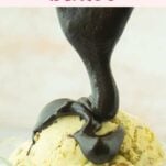 fudge sauce dripping onto ice cream from spoon, text overlay
