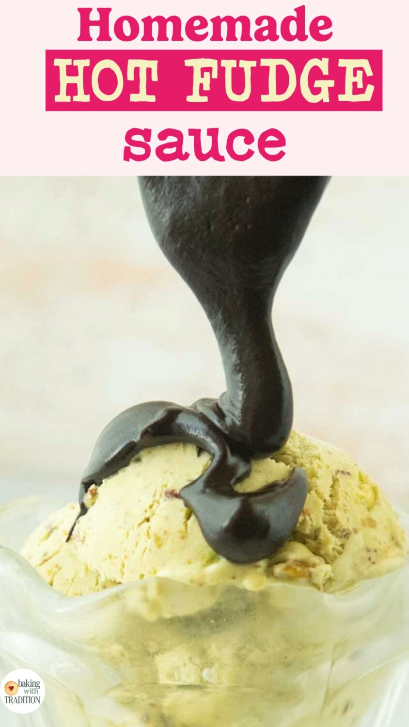 fudge sauce dripping onto ice cream from spoon, text overlay