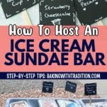 small signs for ice cream flavors on popsicle sticks, table set with supplies for ice cream sundae party